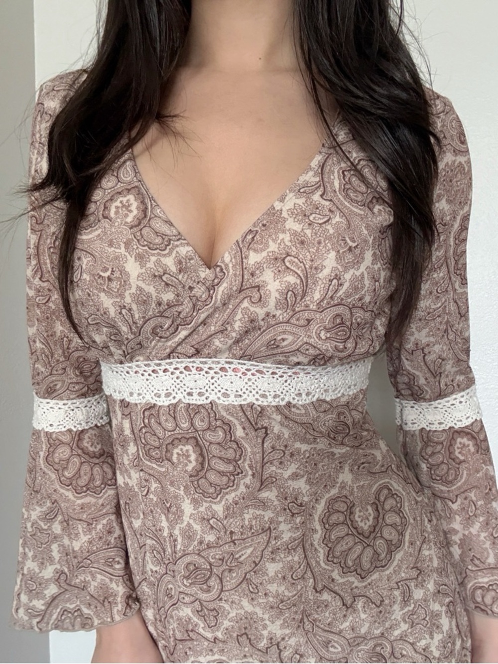 Charlotte Russe Beige and Brown Paisley Midi Dress with Lace Trim